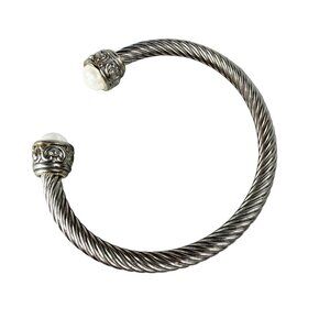 Silver Tone Rope Open Cuff Bracelet White Faux Pearl Endcaps Women's Fashion